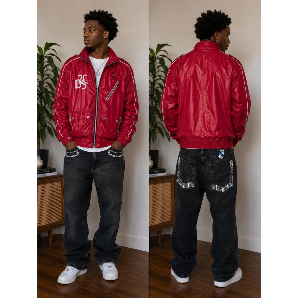 Vintage DeMarco Solar Studio Collection Red Shiny Nylon Moto Racing Jacket